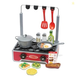 MELISSA & DOUG 19-PIECE DELUXE WOODEN COOKTOP SET WITH WOODEN PLAY FOOD, DURABLE POT AND PAN