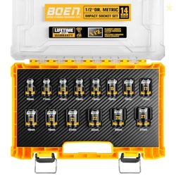BOEN PRO 1/2" DRIVE SHALLOW IMPACT SOCKET SET, 14-PIECE 6-POINT METRIC (10-19MM, 21, 22, 26, 27MM) STANDARD SOCKET KIT WITH DEEP EMBOSSED AND PAINTED MARKING, CR-MO, INCLUDES RUGGED PP CASE