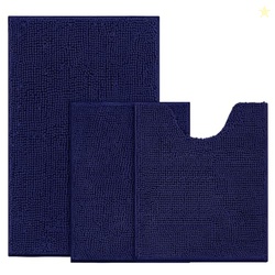 BYSURE Navy Blue Bathroom Rugs Sets 3 Piece Non Slip Extra Absorbent Plush Chenille Soft Washable Bath Mats