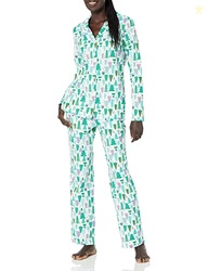Amazon Essentials Women's Flannel Long-Sleeve Button Front Shirt and Pant Pajama Set, Ecru Festive Tree, Large