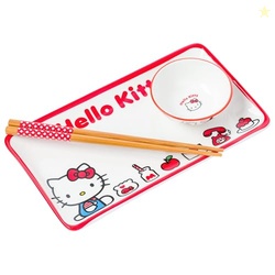 Silver Buffalo Sanrio Hello Kitty Ceramic Sushi Set with Dipping Sauce Dish and Matching Chopsticks