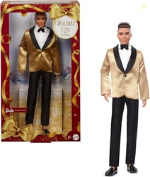 Barbie Signature 2025 Holiday Light Brown Hair Ken Collectible Fashion Doll Wearing Full Suit with Golden Jacket in Displayable Packaging & Doll Stand