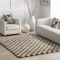 NULOOM ADELAIDE BEIGE/BROWN, 4' X 6', CHECKERED, SHAG, SOFT AND COZY, HIGH TRAFFIC, STAIN RESISTANT, EASY CLEAN, DURABLE AREA RUG FOR BEDROOM, LIVING ROOM, DINING SPACE, DEN, FOYER, ENTRYWAY