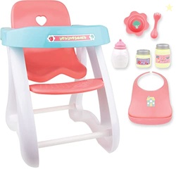 JC Toys - Doll High Chair | Fits Dolls up to 17" | Easy to Clean | Simple Assembly | 7 Piece Play Set| Ages 2+, Pink/Blue