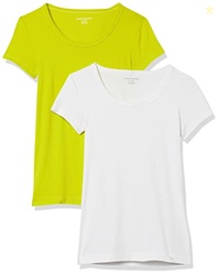 Amazon Essentials Women's Slim-Fit Cap-Sleeve Scoop Neck T-Shirt, Pack of 2, White/Lime Green, Medium