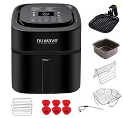 Nuwave Brio 6-Quart Healthy Digital Smart Air Fryer with Probe One-Touch Digital Controls, Advanced Cooking Functions, Removable Divider Insert & Grill Pan (NEW ACCESSORY),Black