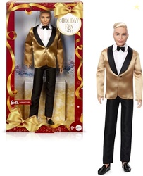BARBIE SIGNATURE 2025 HOLIDAY BLONDE KEN COLLECTIBLE FASHION DOLL WEARING FULL SUIT WITH GOLDEN JACKET IN DISPLAYABLE PACKAGING & DOLL STAND