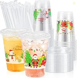 Lamosi 50 Pack Christmas Clear Cups with Lids and Straws AD