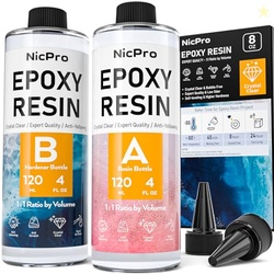 NICPRO 8 OUNCE CRYSTAL CLEAR EPOXY RESIN KIT, FOOD SAFE DIY STARTER EPOXY RESIN FOR ART CRAFT, CANVAS PAINTING, MOLDS PIGMENT JEWELRY MAKING, RESIN COATING AND CASTING