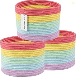 Woven Cotton Rope Storage Baskets - 3-Pack Round Bins for (10x10x7'') Shelves, Closets & Bookcases | Durable Rope Organizers for Nursery, Baby, Gifts, Easter & More (rainbow)