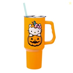 Silver Buffalo Sanrio Hello Kitty Halloween Jack-O-Lantern Double Walled Stainless Steel Tumbler with Handle and Straw, Fits in Standard Cup Holder, 40 Ounces