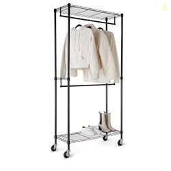 Amazon Basics Adjustable, Double Hanging Rod Garment Rolling Closet Organizer Rack with Wheels, Heavy Duty, Black, 36'' x 14'' x 72'', WI-GAR1436B