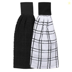 Ritz Premium 100% Cotton Solid and Multi Check Kitchen Tie Towel, Absorbent, Super Soft, and Fast Drying Hang Towel, Set of Two, Black