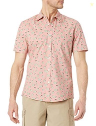 Amazon Essentials Slim-Fit Men's Short Sleeve Button Down Shirt, Pink Fruit Design, X-Small