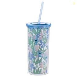 Silver Buffalo Disney Lilo and Stitch Cute Floral and Leaves Pattern Plastic Tall Cold Cup with Lid and Straw, 20 Ounces