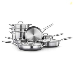 Calphalon 3-Ply Stainless Steel Cookware Set 13 Piece Includes Frying Pans, Pots and Pans Set, Induction, Metal Utensil Safe, Oven Safe 500F,PFOA Free, Silver