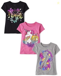 The Children's Place Girls Short Sleeve Graphic 3-Pack T-Shirt, Grey Unicorn/Multi Unicorn/Neon Butterfly, 16 US