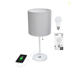 Simple Designs LT2044-GOW-LB White Stick Table Desk Lamp with USB Charging Port and Drum Fabric Shade for Living Room, Hallway, Nightstand, Office, Gray Shade, with Feit LED Bulb Included