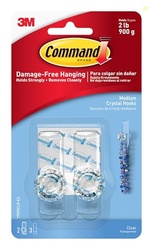 COMMAND MEDIUM CRYSTAL HOOK, HOLDS UP TO 2 LB, 2 WALL HOOKS WITH 3 STRIPS, DAMAGE-FREE HANGING ON WALLS, DOORS, CABINETS, AND CLOEST FOR JEWELRY AND ACCESSORIES