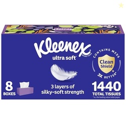 Kleenex Ultra Soft Facial Tissues, 8 Flat Boxes, 180 Tissues per Box, 3-Ply, Packaging May Vary