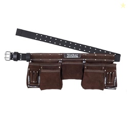VEEKAY Brown Leather Tool Belt 11 Pocket Suede with 2-Inch Wide Nylon Belt & Pouch, Fits 32" to 50" Waist  Durable for Construction, Carpenters, and Framers