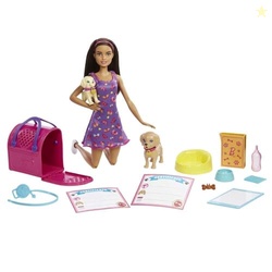 Barbie Pup Adoption Doll & Accessories Set with Color-Change, 2 Pets, Carrier & 10 Accessories, Brunette in Purple Dress