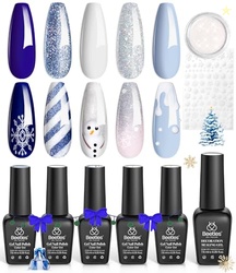 Beetles Christmas Gel Nail Polish Set 5 Winter Colors Dark Blue Glitter White Light Blue Silver Gel Polish with Sealing Gel Sugar Dust Powder Nail Sticker UV LED Needed Gifts for Women Sparkling Snow