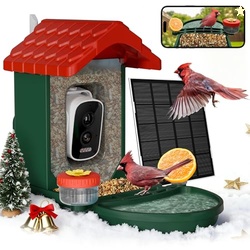 VISIOGEAR 2-in-1 Smart Wild Bird Feeder & Bath with 4K HD Camera, AI Identification Solar Bird Feeder Watching Camera Night Vision for Outdoor Birds Watching Gifts for Birdlover, Red & Green
