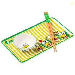 Silver Buffalo Sanrio Hello Kitty and Friends Keroppi Polaroids Green and White Stripes Ceramic Sushi Set with Dipping Sauce Dish and Matching Chopsticks