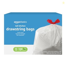 AMAZON BASICS FLEXTRA TALL KITCHEN DRAWSTRING TRASH BAGS, FRESH SCENT, 13 GALLON, 120 COUNT
