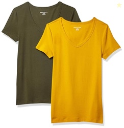 Amazon Essentials Women's Slim-Fit Short-Sleeve V-Neck T-Shirt, Pack of 2, Gold/Olive, Medium